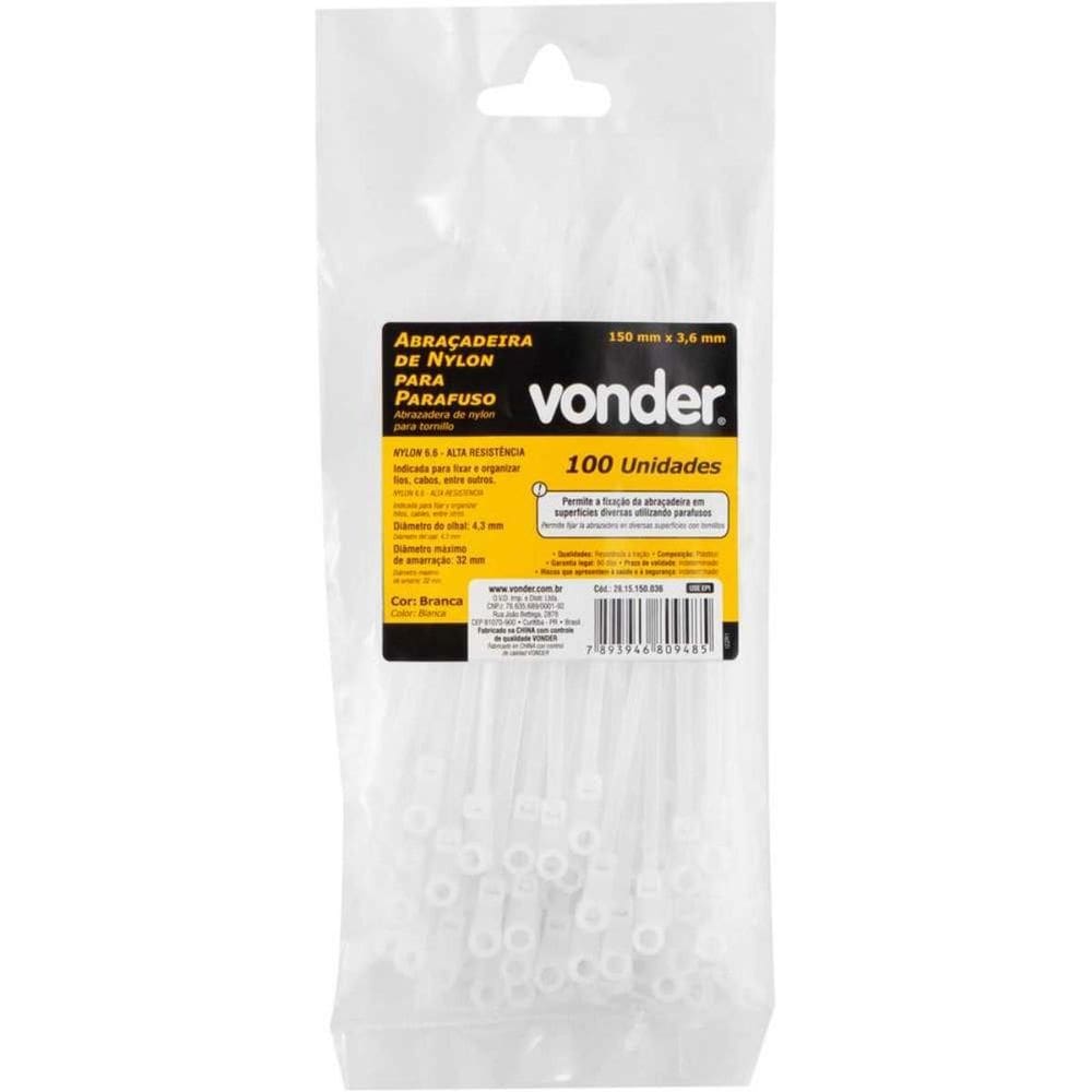 Abraçadeira Nylon Parafuso 150X3,6 Branca 100 Peças Vonder