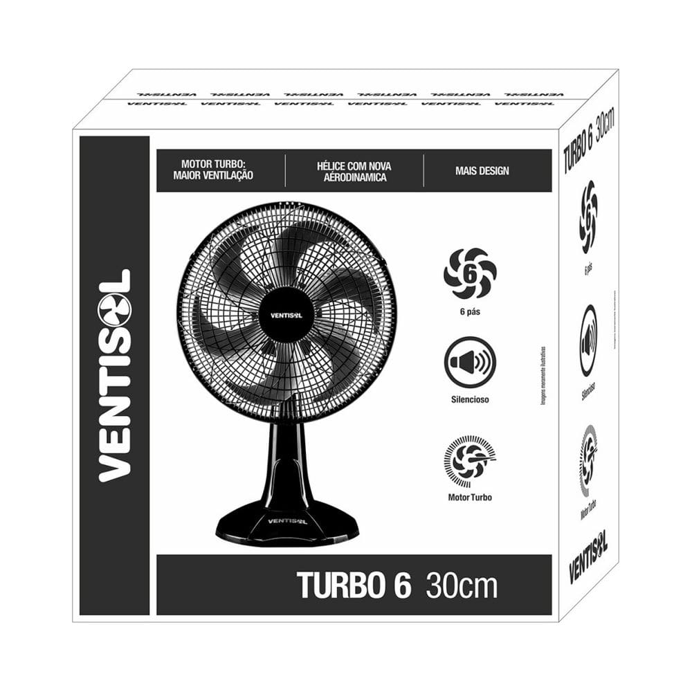 Ventilador de mesa ventisol 30cm turbo economy 6 pás preto