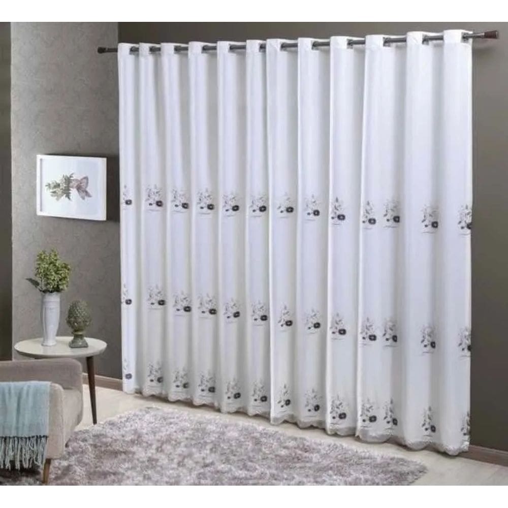 Cortina Bordada Ilha Da Madeira Voal Com Forro 4m x 2,50m - Branco/Preto