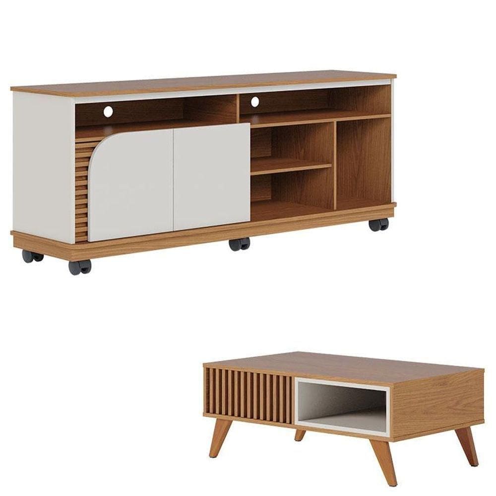 Rack Bancada Jurerê 1.5 Freijó Off White Matte Com Mesa De Centro Jeri Freijó Off White- Colibri