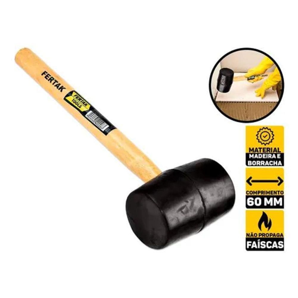 2X Martelo De Borracha Preta 60Mm Marreta 16Oz Cabo De Madei