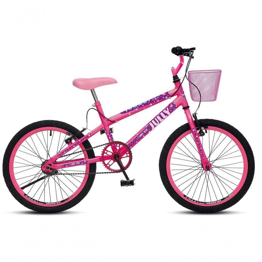 Bicicleta Jully Aro 20 Aero 36 Raias, Freios V-brake Dianteiro E Traseiro, Suporte De Guidão Down Hill E Cestinha Rosa