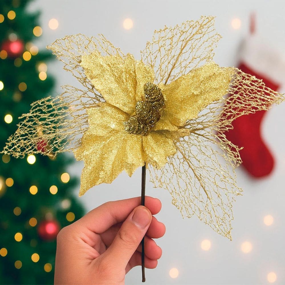 Flores Ramos Árvore Natal Com Gliter Dourado 22cm Kit 8pçs