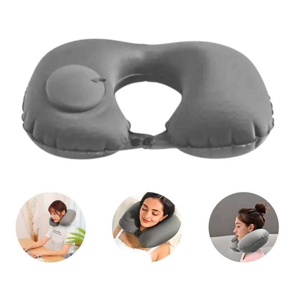 Travesseiro Cinza Almofada De Pescoço Inflável E Portátil