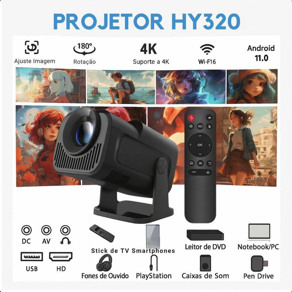 Projetor Hy320 4K Android Wifi 6 Smart Tv Hdmi Usb