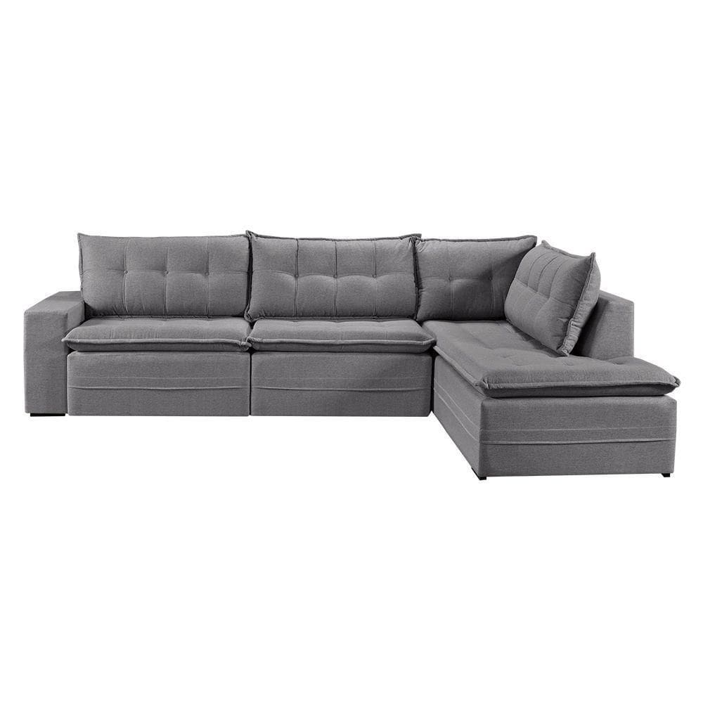 Sofá Retratil Com Chaise Direita Titan 6 Lugares 2,96m Tecido Linho Cor Cinza 2323