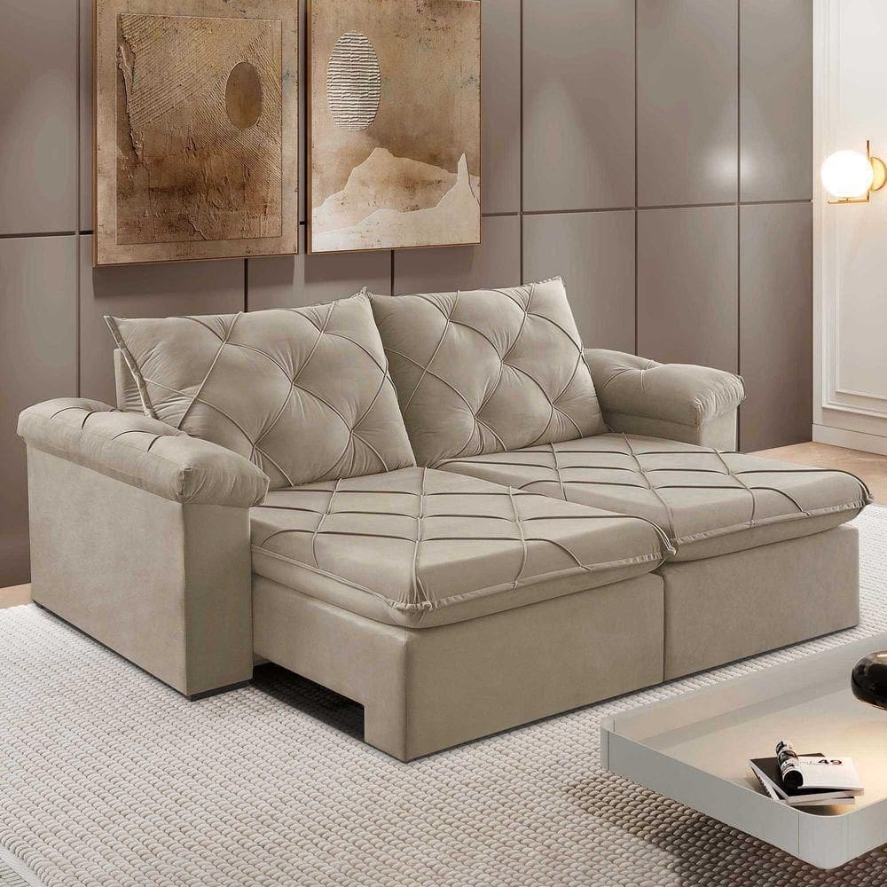 Sofá Retrátil E Reclinável Corniso 1,94m Veludo Cor Bege 2137 Usb Sem Kit Usb