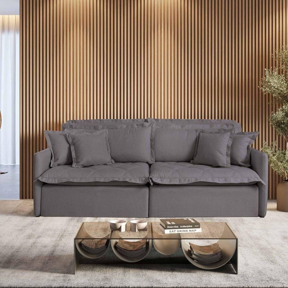 Sofá Retrátil E Reclinável Iris 2,20m Linho Cor Grafite 2342 Usb Com Kit Usb