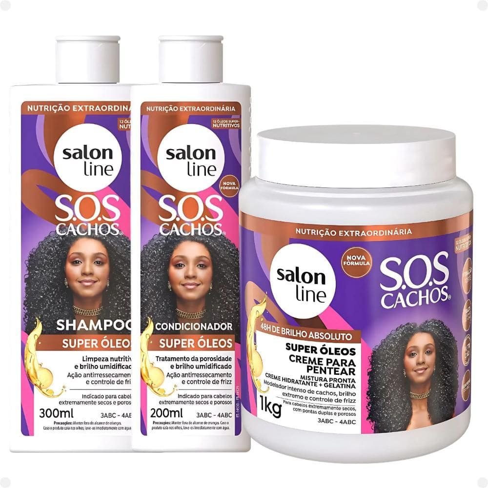 Kit Salon Line SOS Cachos Super Óleos: Shampoo 300ml e Condicionador 200ml + Creme Para Pentear 1kg