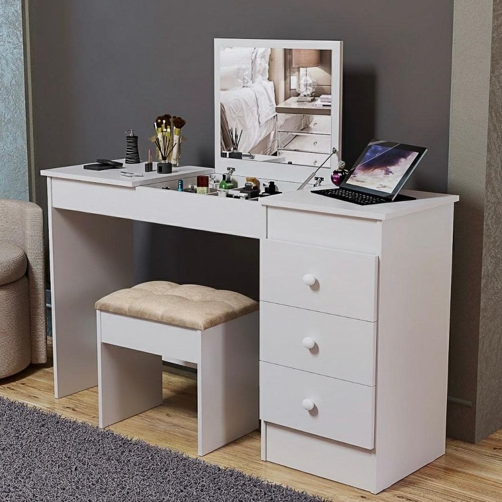 Penteadeira Escrivaninha 2 Em 1 Com Espelho 3 Gavetas Banqueta Inclusa