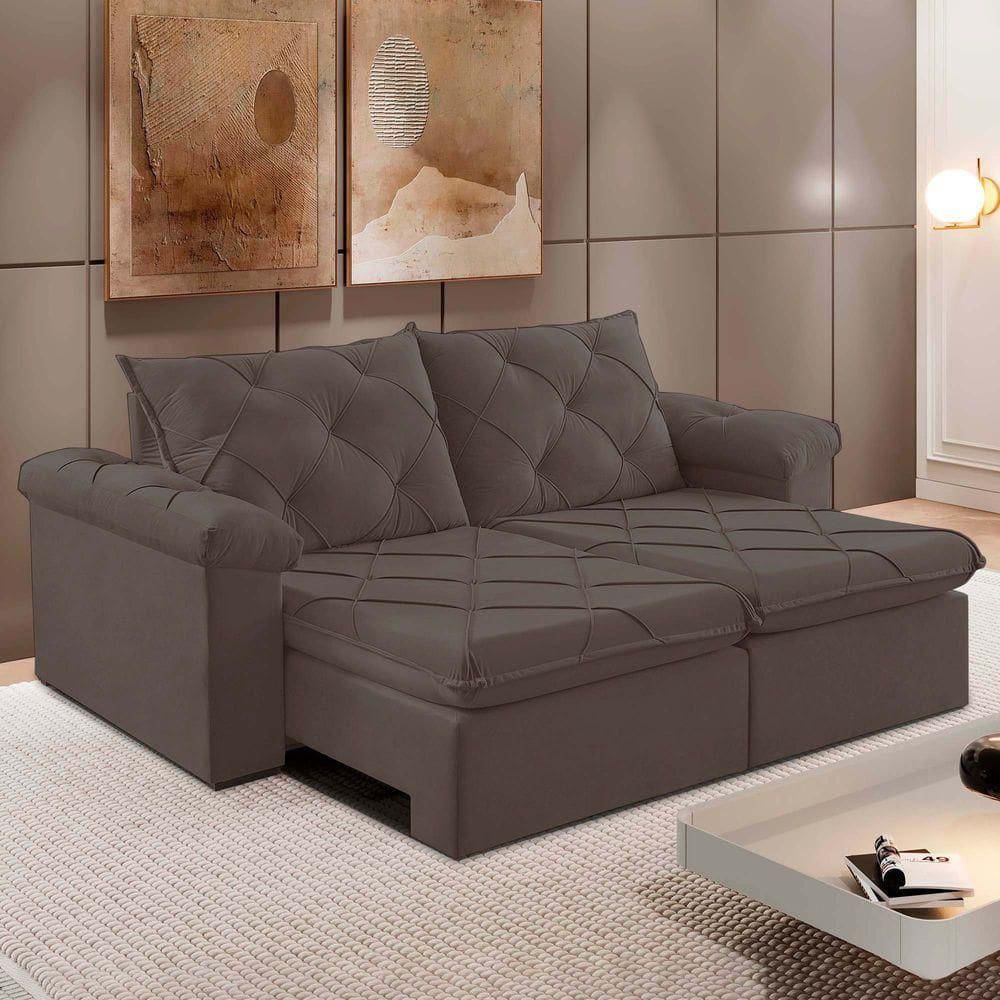 Sofá Retrátil E Reclinável Corniso 1,94m Veludo Cor Marrom 2131 Usb Sem Kit Usb