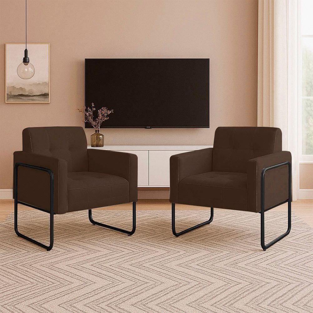 Poltrona Sala Industrial Alta Tubo Preto Kit 2 Elisa Suede Marrom D03 - D`rossi