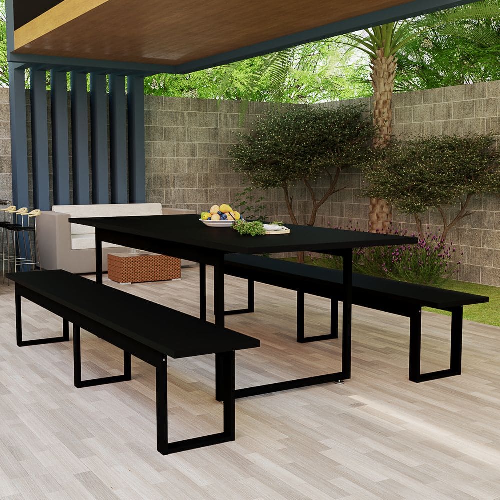 Mesa Retangular 190cm Com 2 Bancos Pés De Ferro Industrial