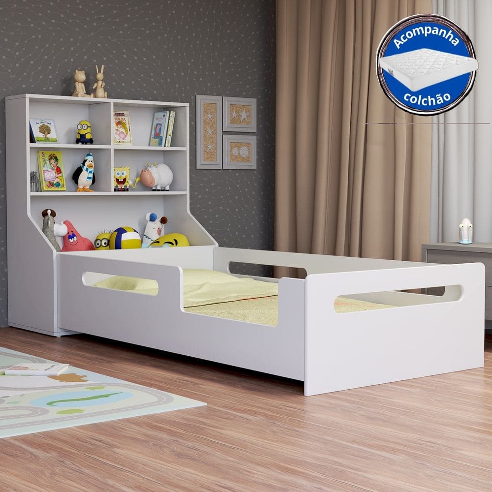 Cama Infantil Montessoriana Solteiro Com Proteção Lateral e Prateleira Organizadora de Brinquedo + Colchão