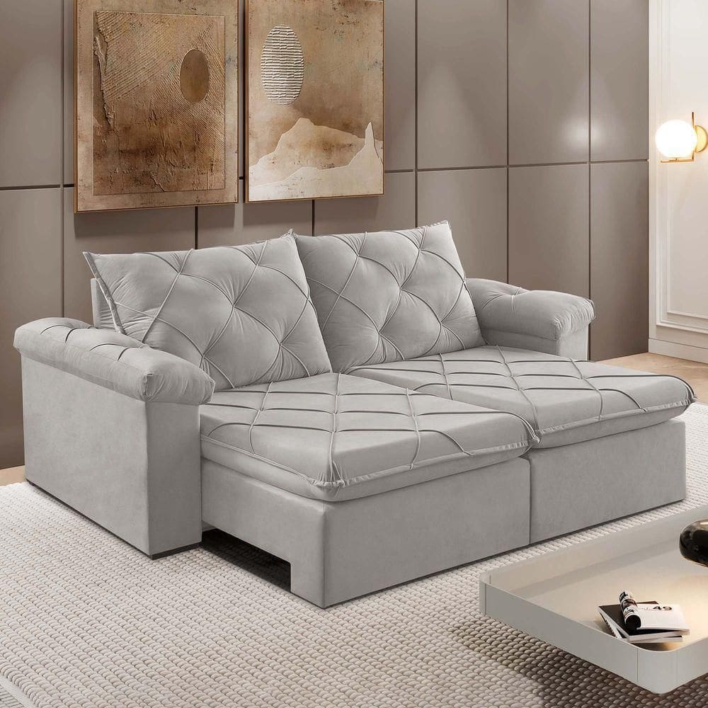 Sofá Retrátil E Reclinável Corniso 1,94m Veludo Cor Cinza 2107 Usb Sem Kit Usb