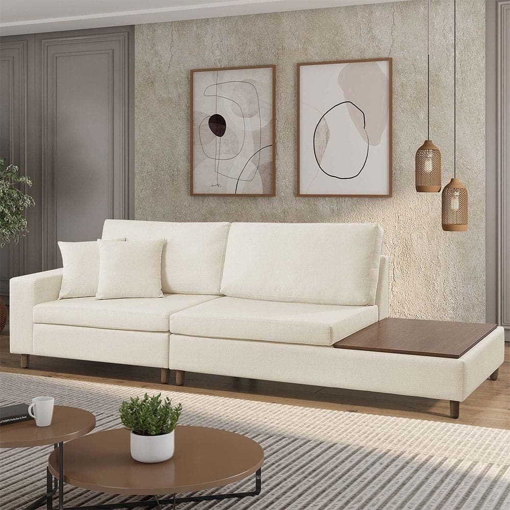 Sofá Living Lotus Com Apoio Lateral Direita 2,89m Em Linho Cor Bege Mesclado 2282