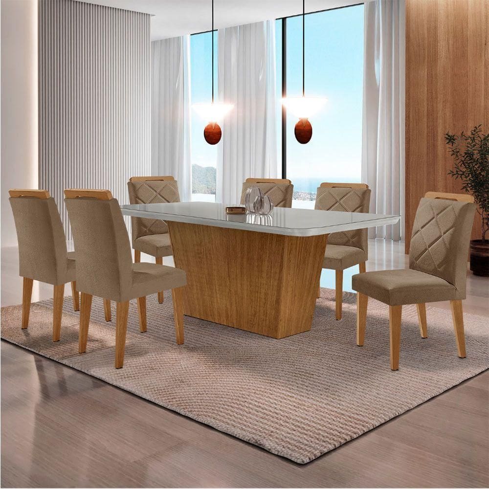 Mesa Sala De Jantar Aida 180cm E 6 Cadeiras Melissa Moderna Veludo Capuccino Off White Imbuia
