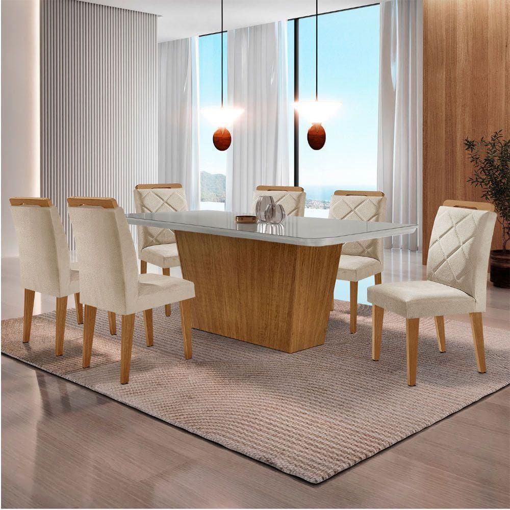 Mesa Sala De Jantar Aida 180cm E 6 Cadeiras Melissa Moderna Veludo Creme/off White/imbuia