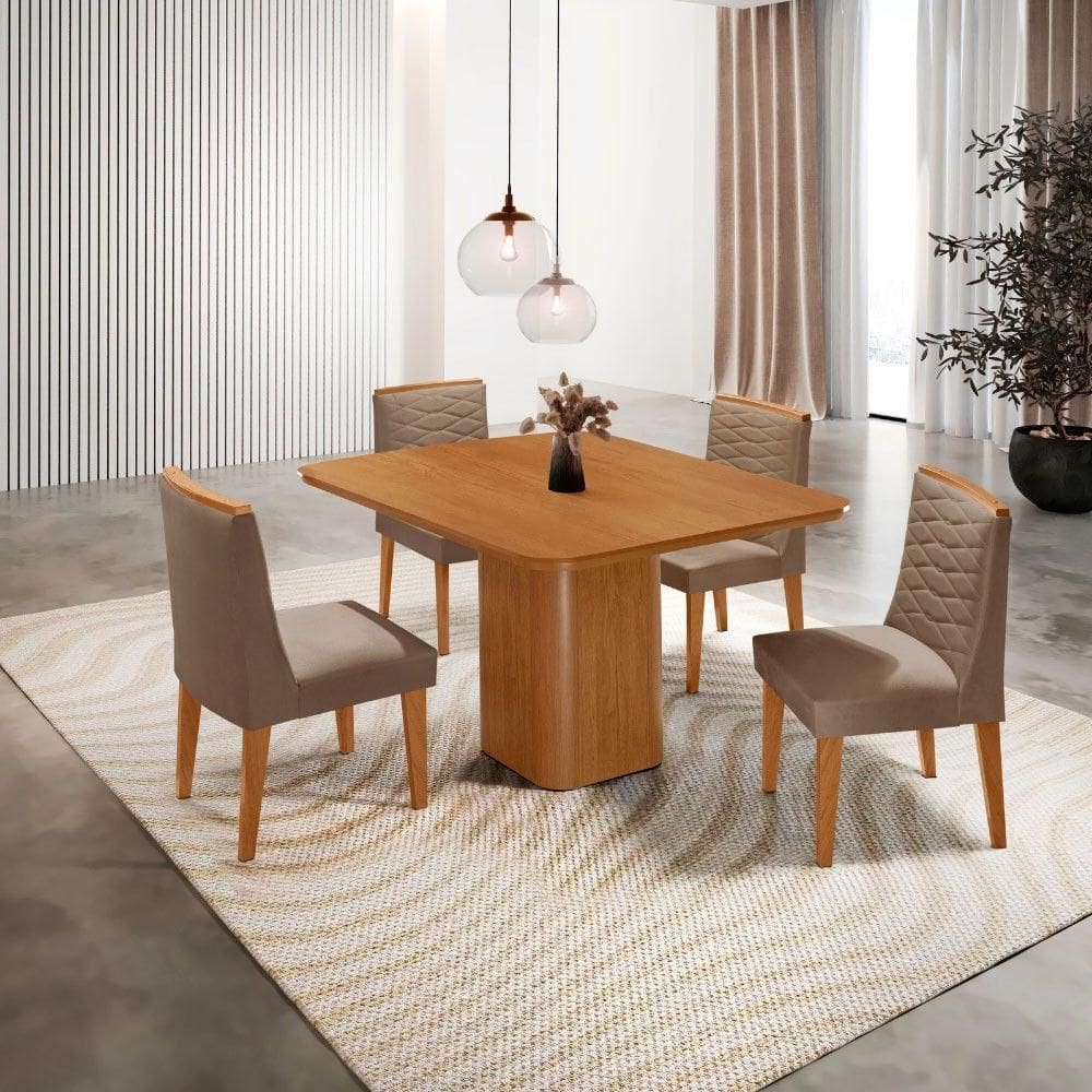 Mesa De Jantar Eloise Canto Copo 4 Cadeiras Moderna Mobília Veludo Capuccino/naturalle