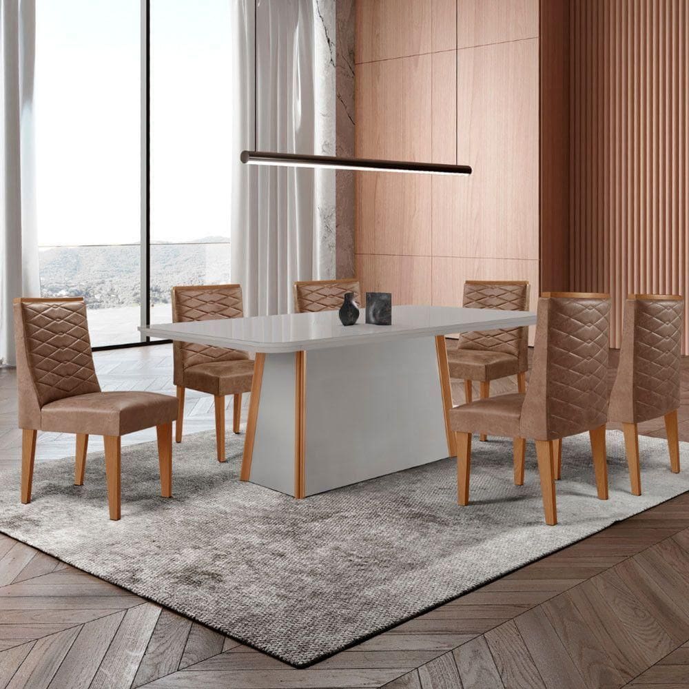 Mesa De Jantar Diane 180cm Tampo Mdf Vidro 6 Cadeiras Safira Moderna Tork Serigrafia Off White