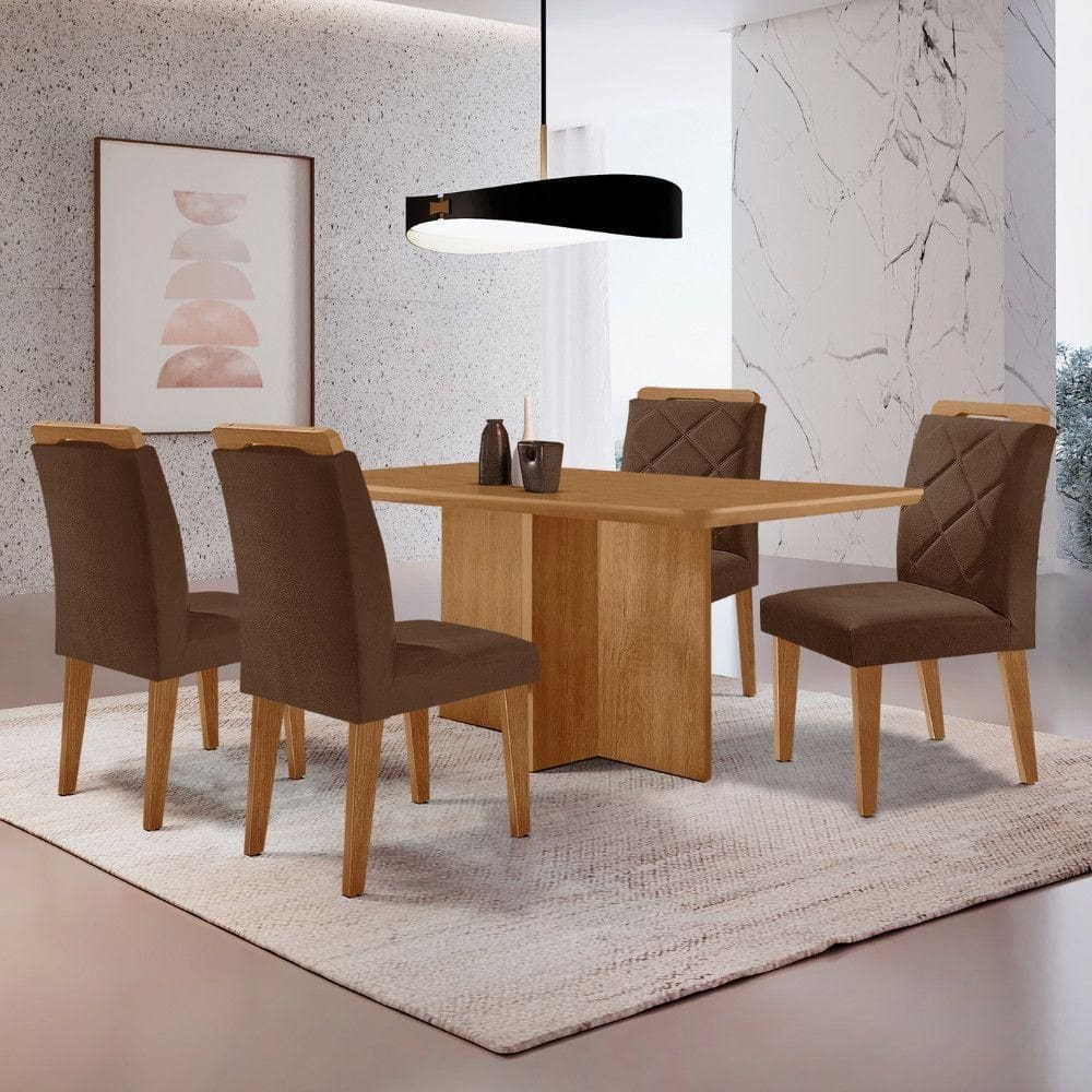 Mesa Olimpia 120 Mdf Canto Copo E Com 4 Cadeiras Melissa Veludo Marrom Naturalle