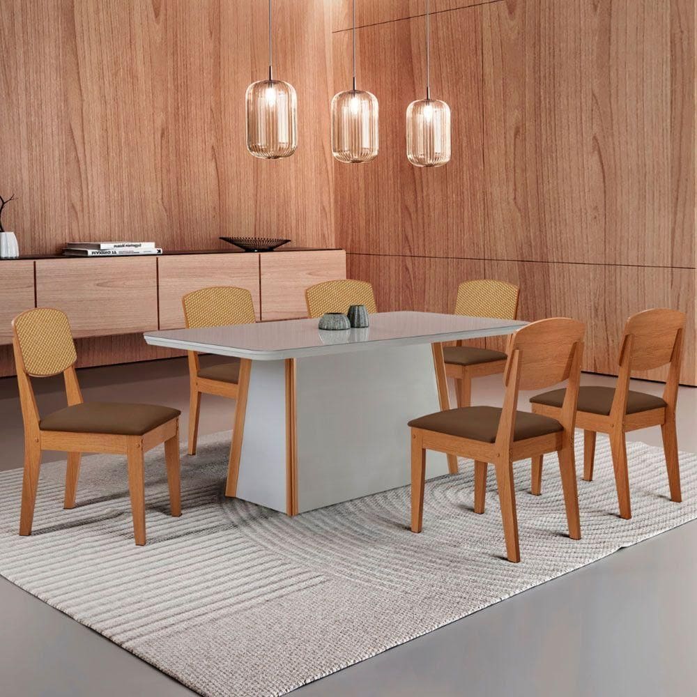 Mesa Jantar Diane 180cm Tampo Mdf Vidro 6 Cadeiras Copper Prem Moderna Veludo Marrom Off White Serigrafia