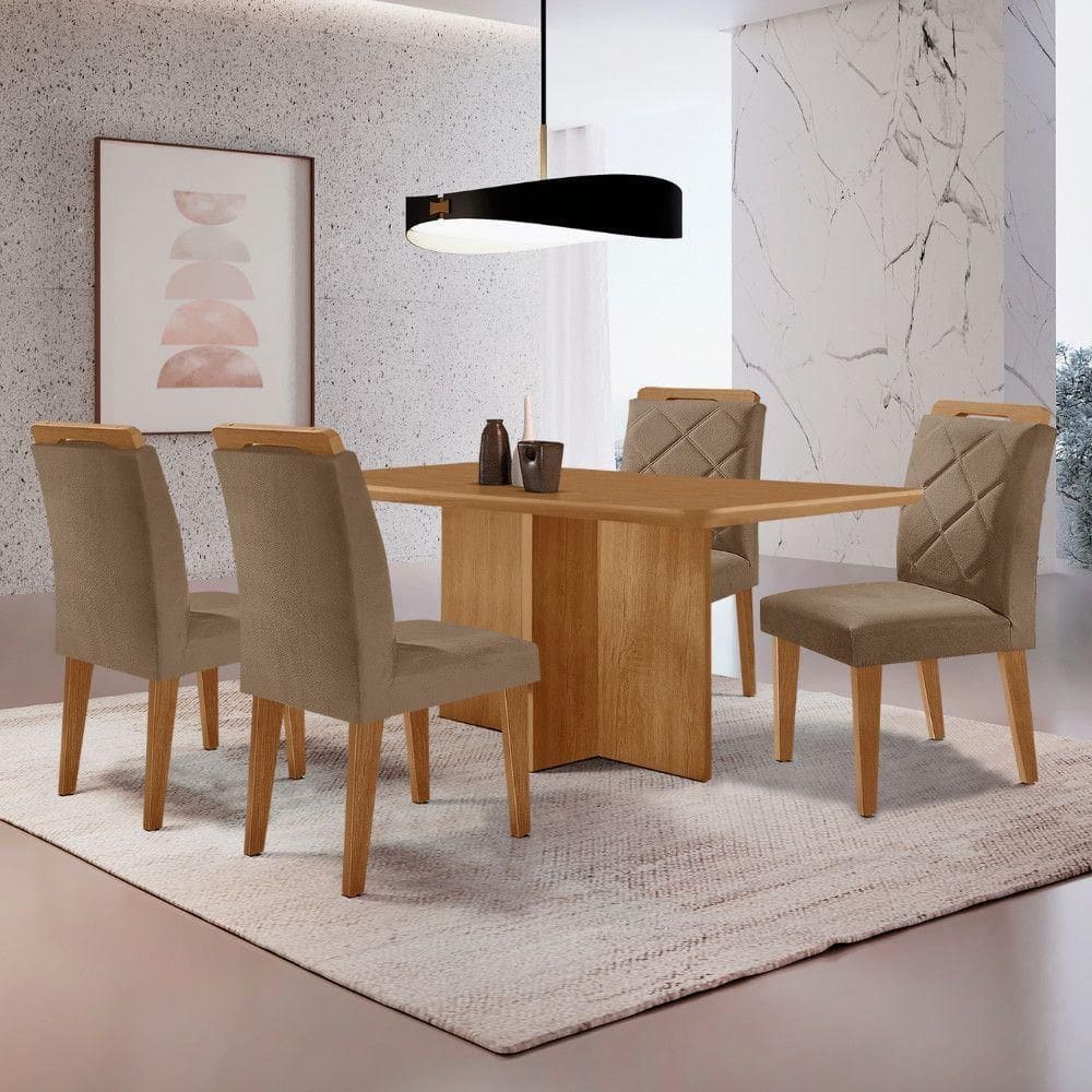 Mesa Olimpia 120 Mdf Canto Copo E Com 4 Cadeiras Melissa Veludo Capuccino Naturalle
