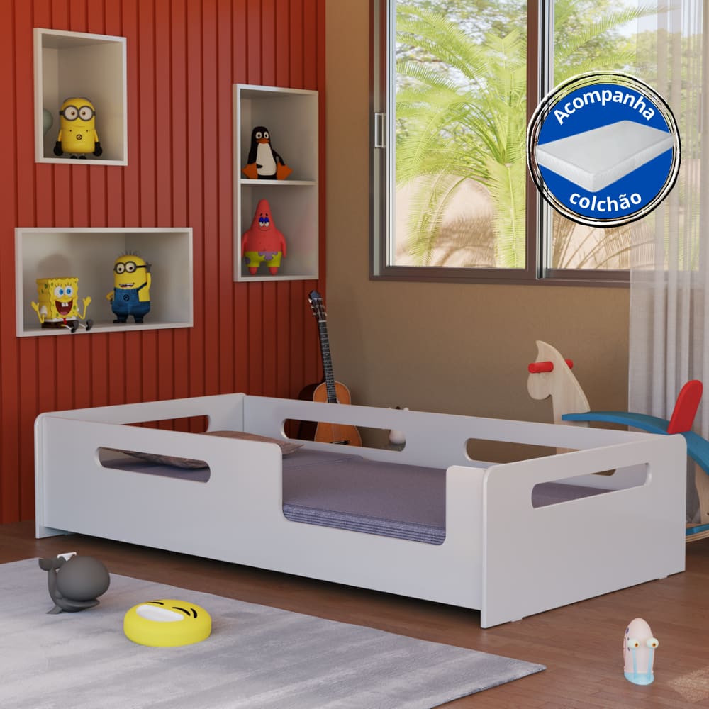 Cama Infantil Montessoriana Solteiro Segura Com Grade Protetora E Colchão