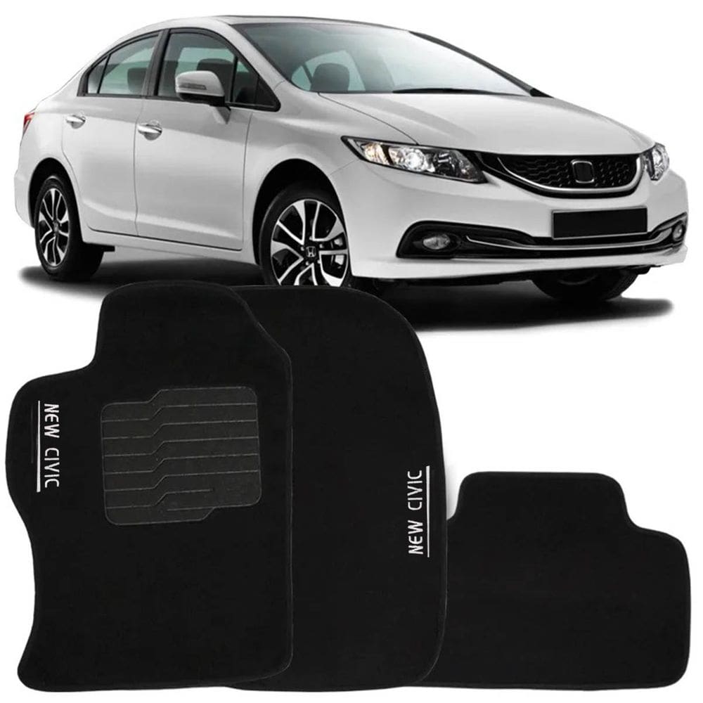 Tapete Carpete Civic 2012 à 2016 Preto Logo Bordado Jogo 3 Peças Personalizado Automotivo