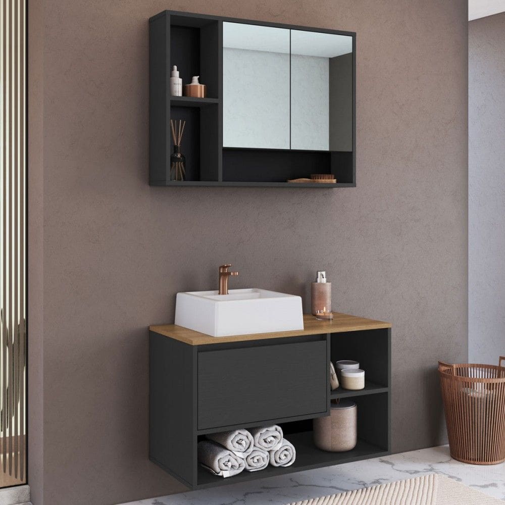 Armário de Banheiro Barcelona 3 Portas com Cuba e Espelho Grafite - Art In Móveis