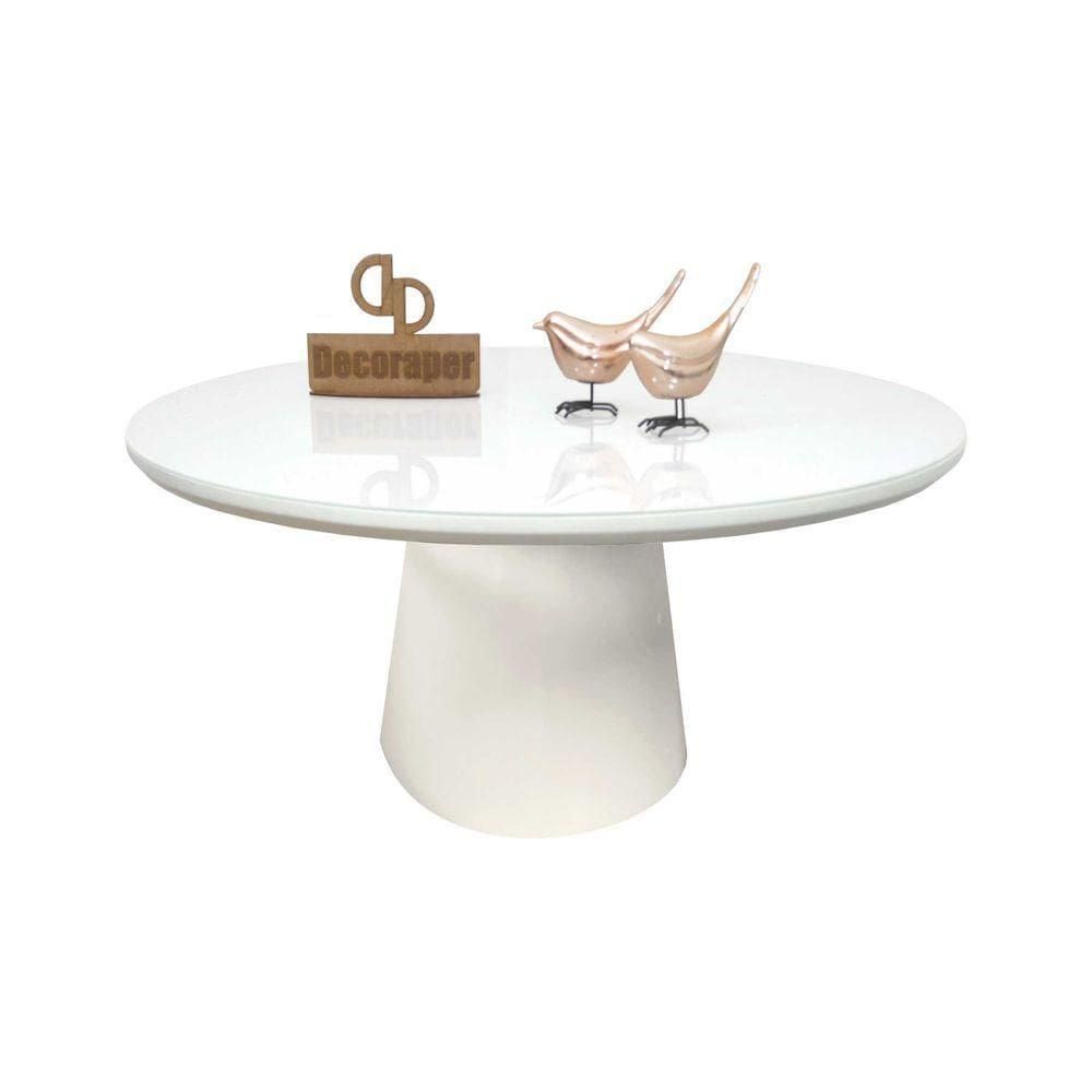 Mesa De Centro Com Vidro 80cm E Base Cone Laqueada Branco 35cm