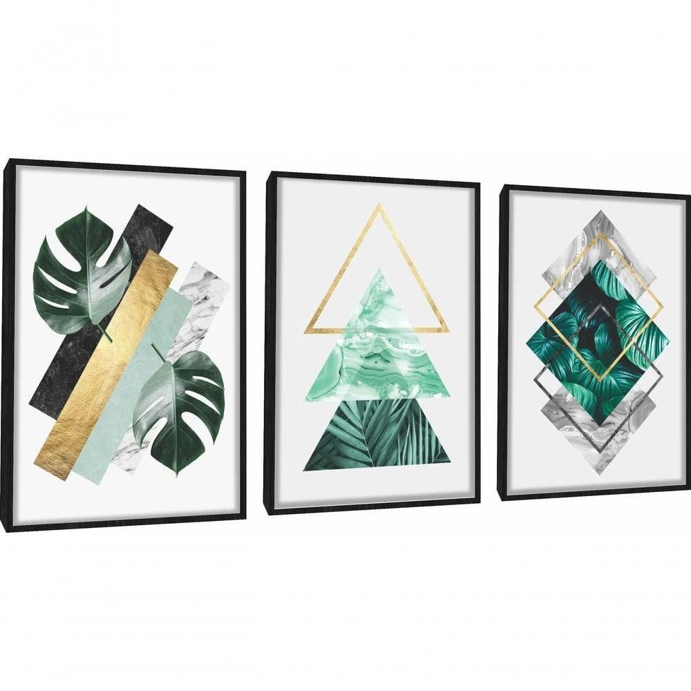 Quadro Decorativo Folhagem Geométrico Abstrato Com Moldura Preto