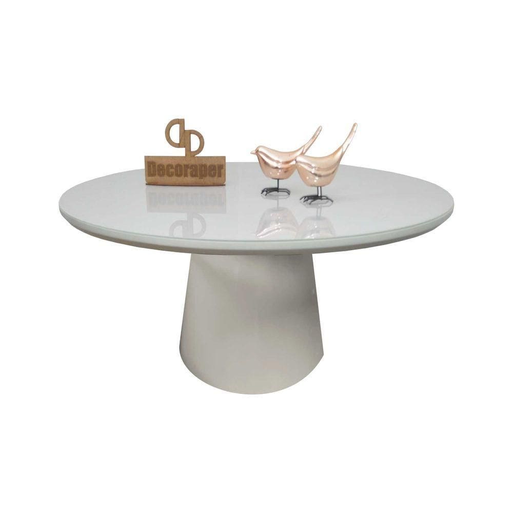 Mesa De Centro Com Vidro 80cm E Base Cone Laqueada Off White 40cm