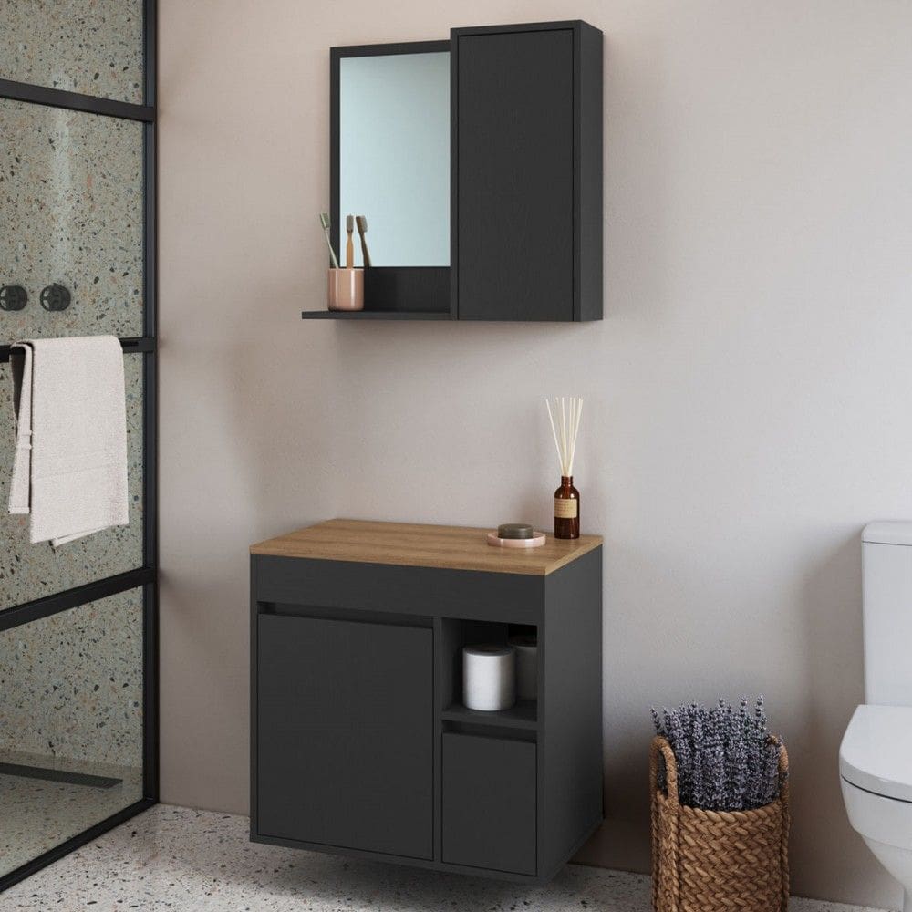 Armário de Banheiro Bahamas 2 Portas 1 Gaveta com Espelho Grafite - Art In Móveis