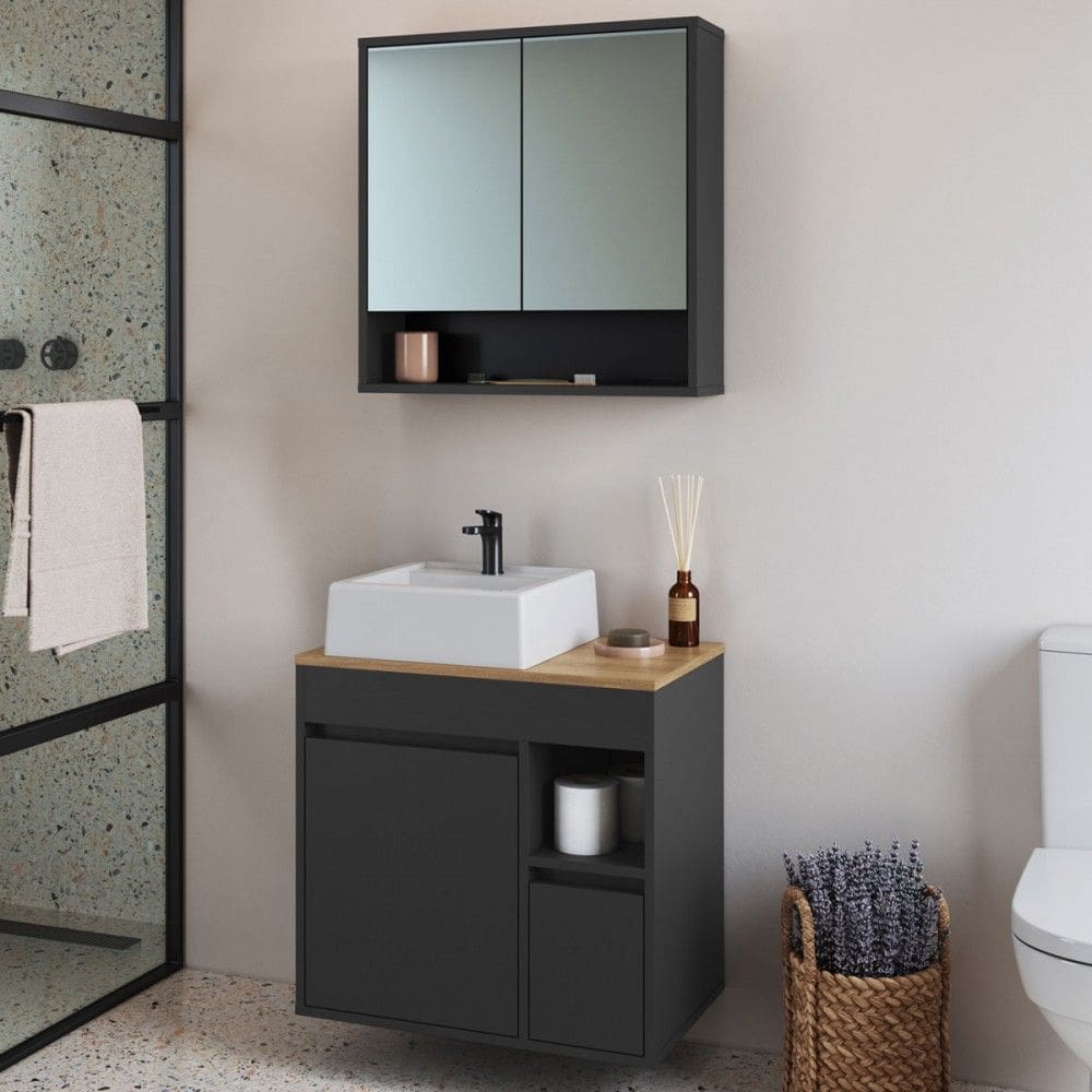 Armário de Banheiro Bangladesh 3 Portas 1 Gaveta com Cuba e com Espelho Grafite - Art In Móveis