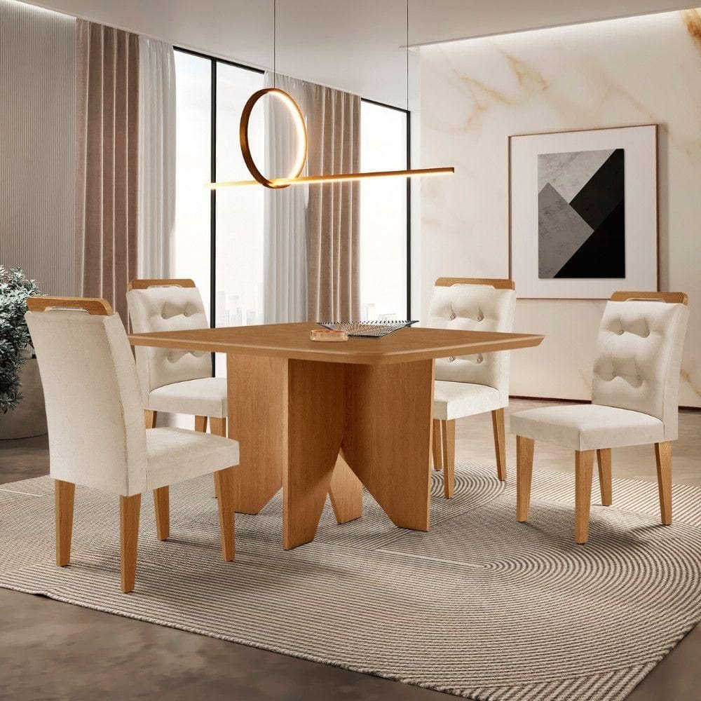 Mesa Evora 90 Mdf Com 4 Cadeiras Carol Veludo Creme Naturalle