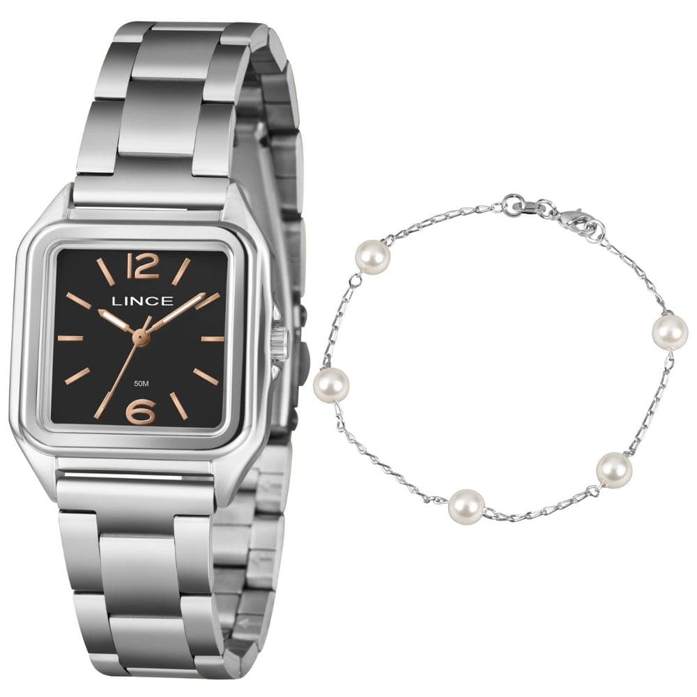 Kit Relógio Lince Feminino Quadrado Prata Lqmm060l30 P2sx
