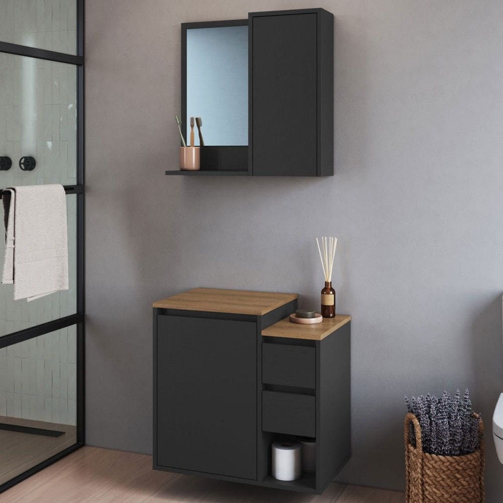Armário de Banheiro Bari 2 Portas 2 Gavetas com Espelho Grafite - Art In Móveis