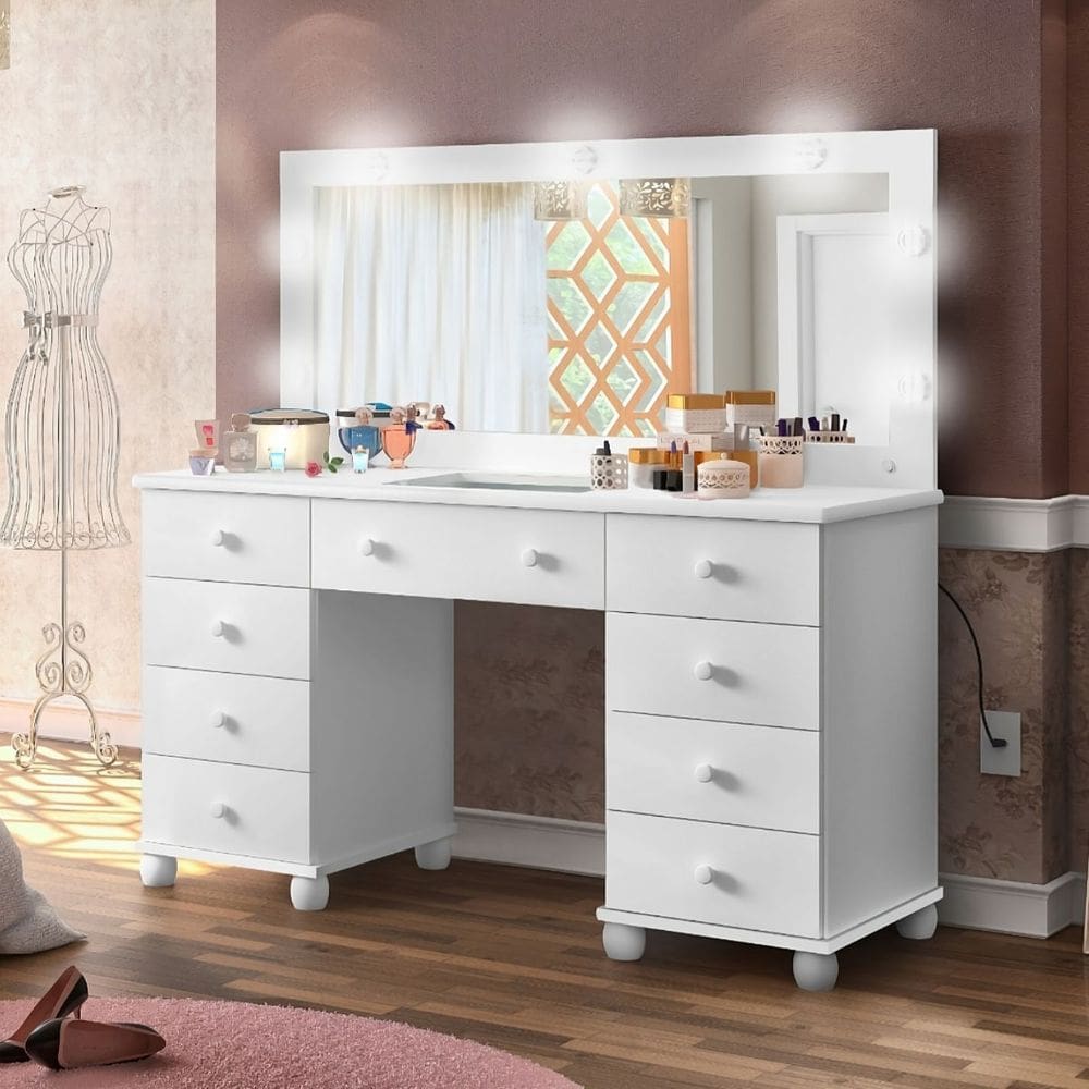 Penteadeira Camarim Grande Com Espelho LED 9 Gavetas Moderna