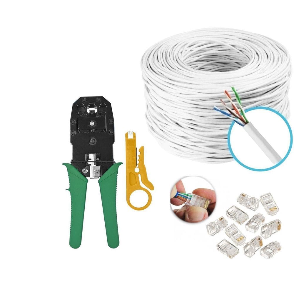 Kit 30M Cabo Rede Branco Alicate Rj45 Rj11 + 20 Conectores