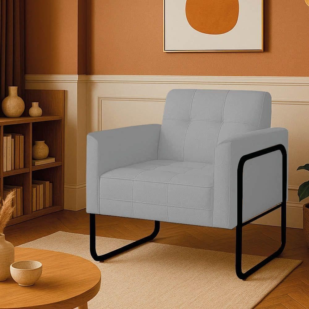 Poltrona Sala Industrial Alta Tubo Preto Elisa Linho D03 - D`rossi Cor Cinza