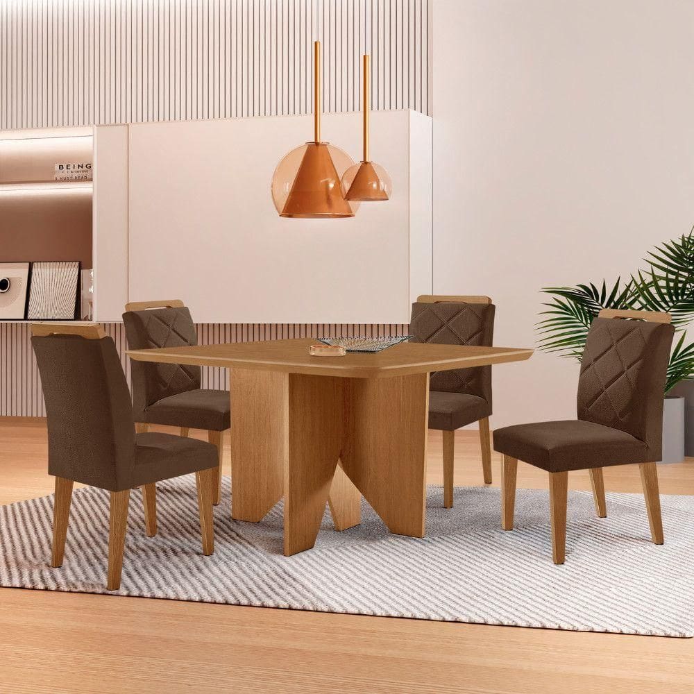 Mesa Evora 90 Mdf Canto Copo E Com 4 Cadeiras Melissa Veludo Marrom Naturalle