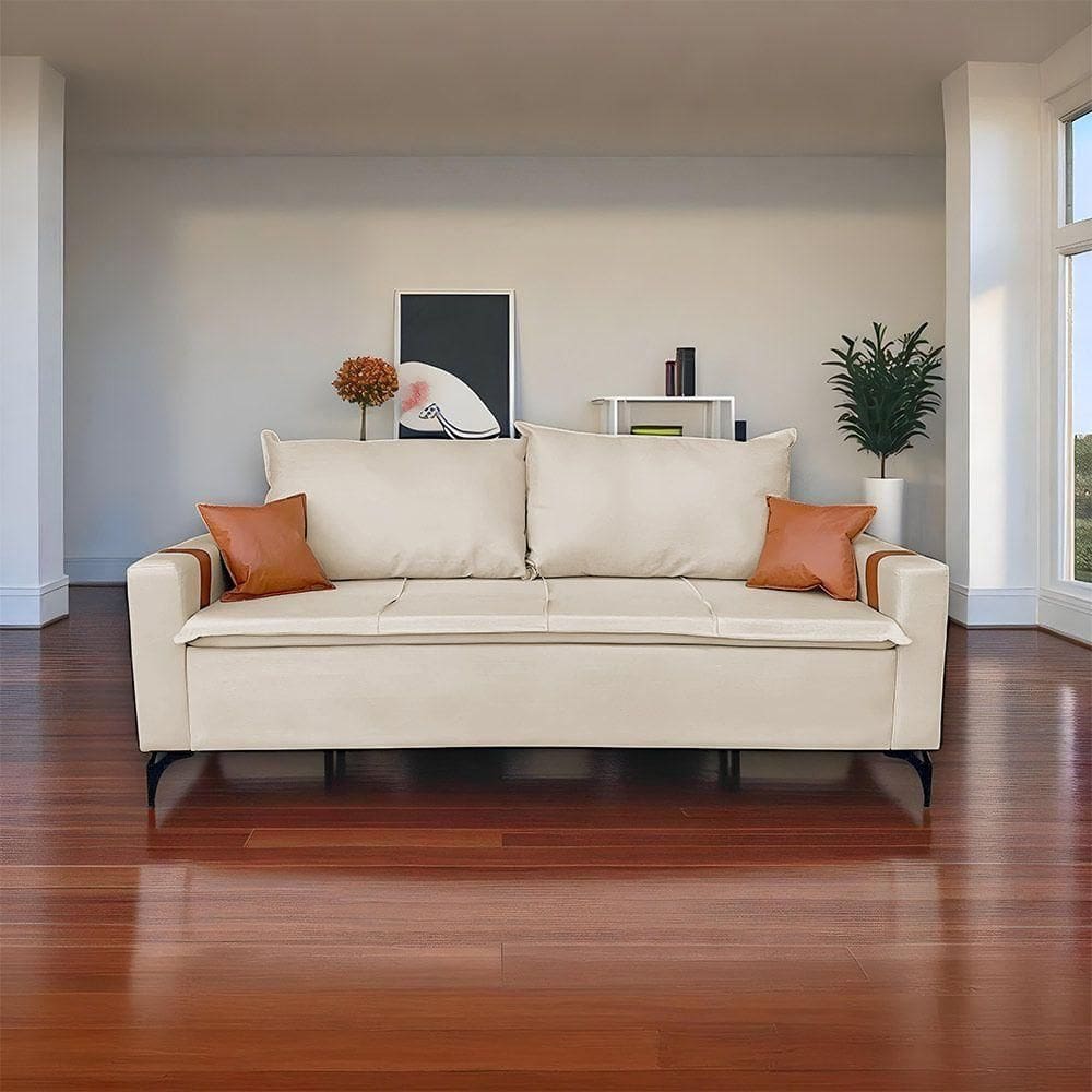 Sofá Living Madri 2 Lugares 1,40m Linho Bege Com Detalhe No Braço Em Corino Caramelo