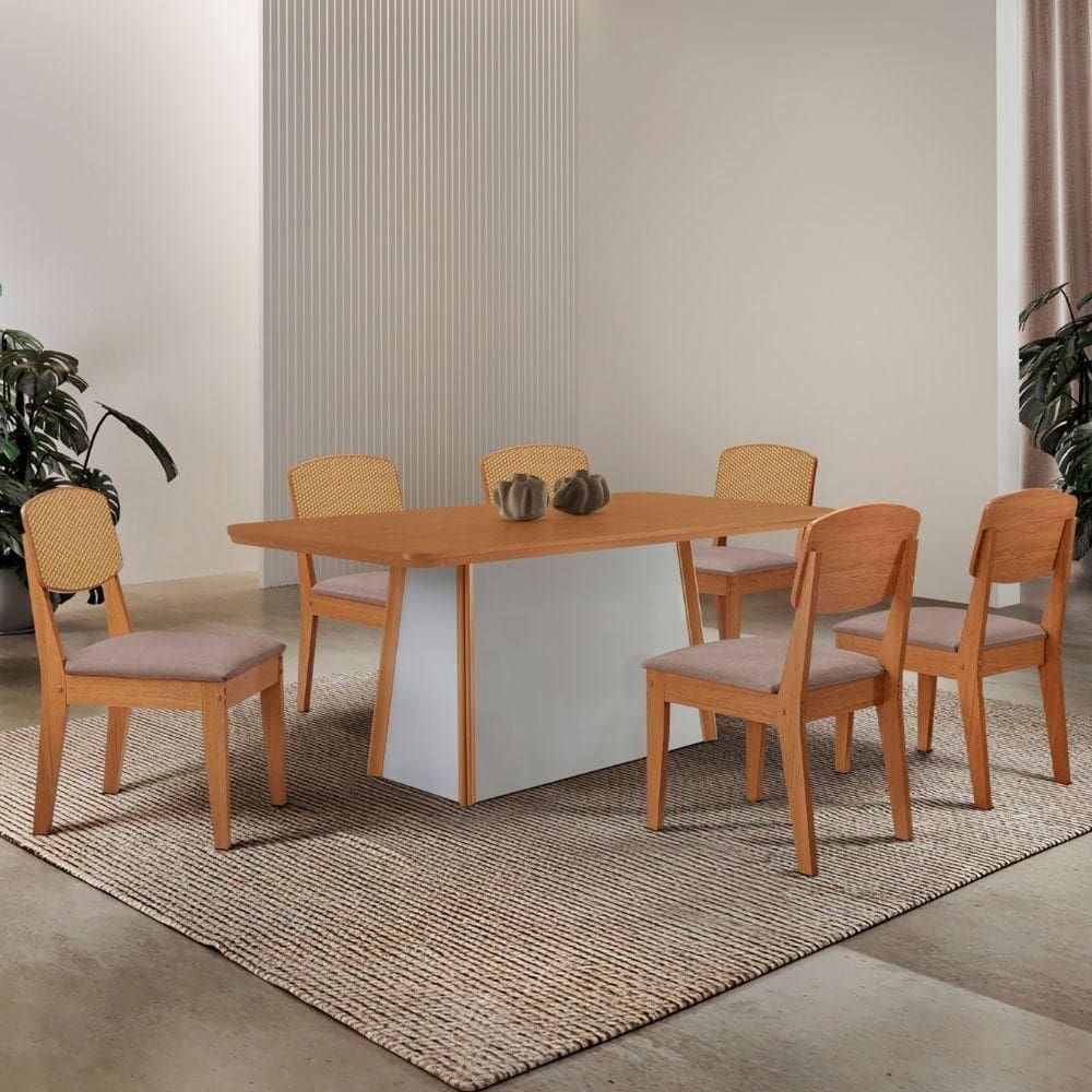 Mesa Jantar Diane 180cm Tampo Mdf Lam 6 Cadeiras Copper Prem Moderna Linho Capuccino Off White