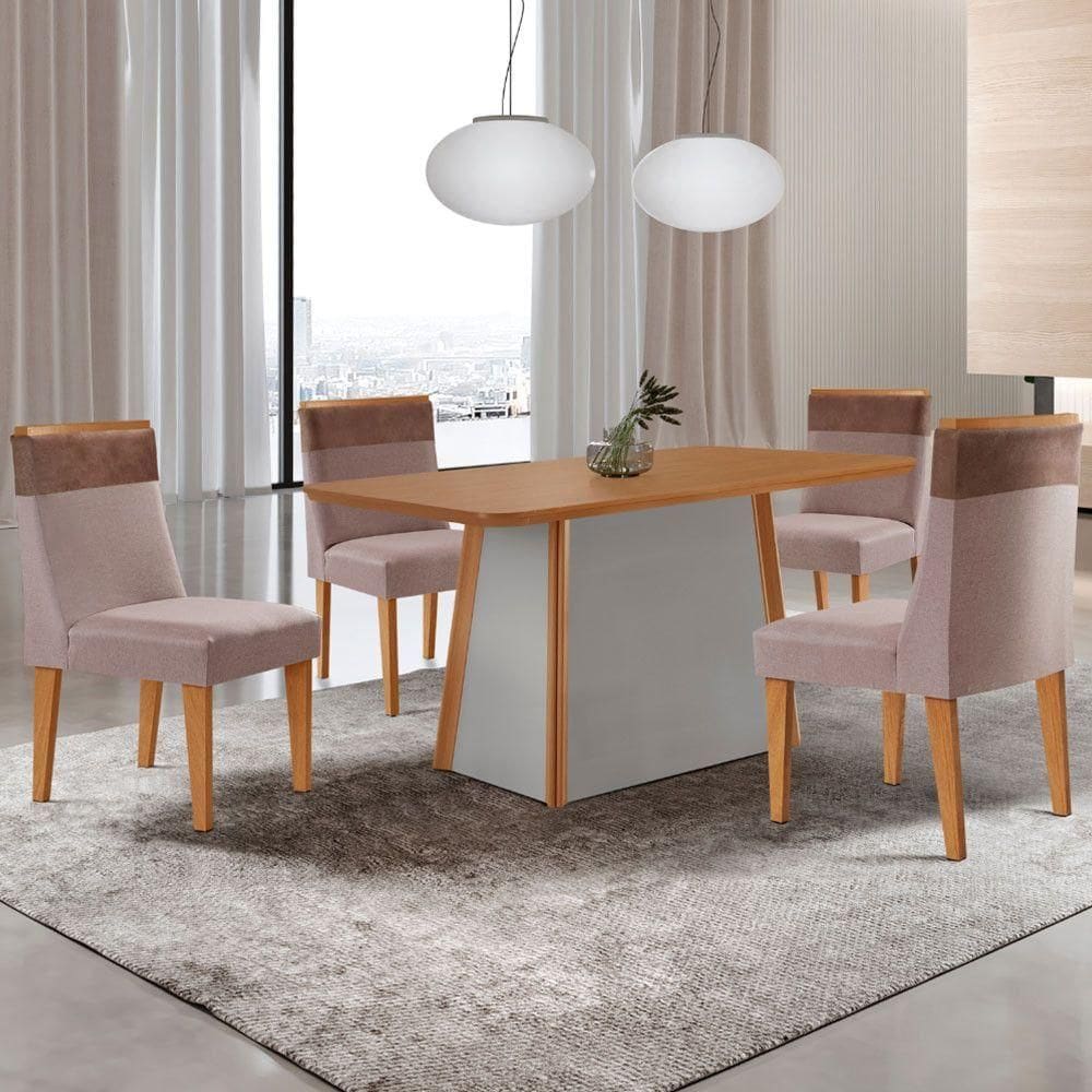 Mesa De Jantar Diane 120cm Tampo Mdf Lam 4 Cadeiras Andes Moderna Linho Capuccino Tork Off White