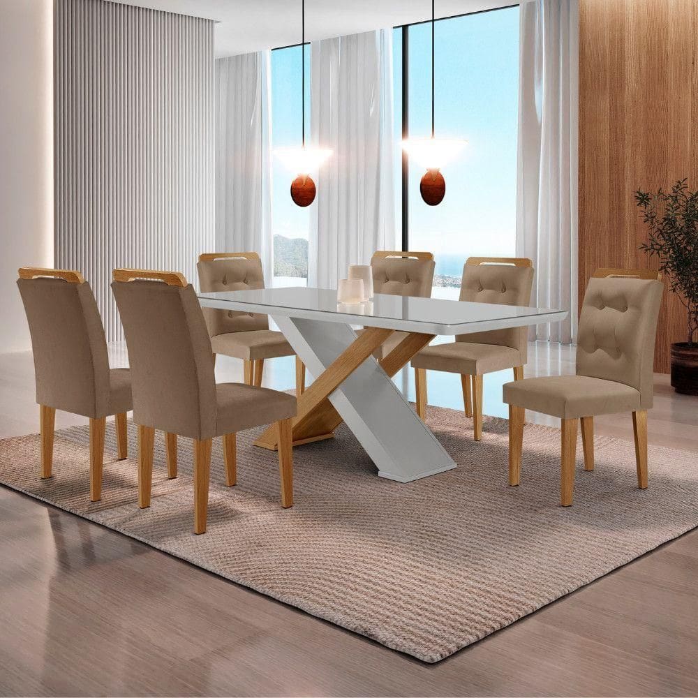 Mesa Sala De Jantar Carol 180cm E 6 Cadeiras Carol Moderna Vel. Capuccino Off White Imbuia