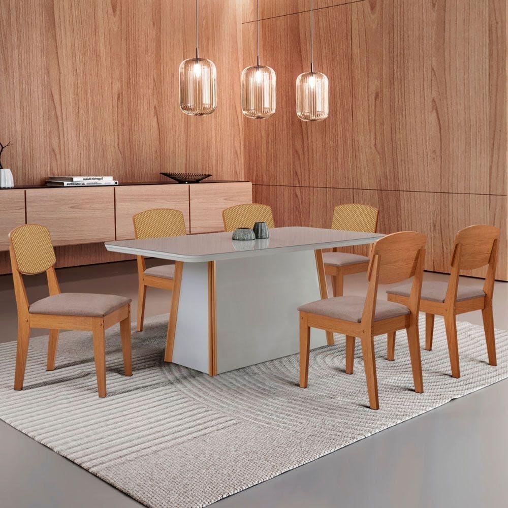 Mesa Jantar Diane 180cm Tampo Mdf Vidro 6 Cadeiras Copper Prem Moderna Linho Capuccino Off White Serigrafia