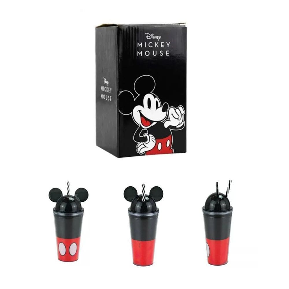 Copo Preto Com Canudo E Orelhas Disney Mickey Lindo 450Ml
