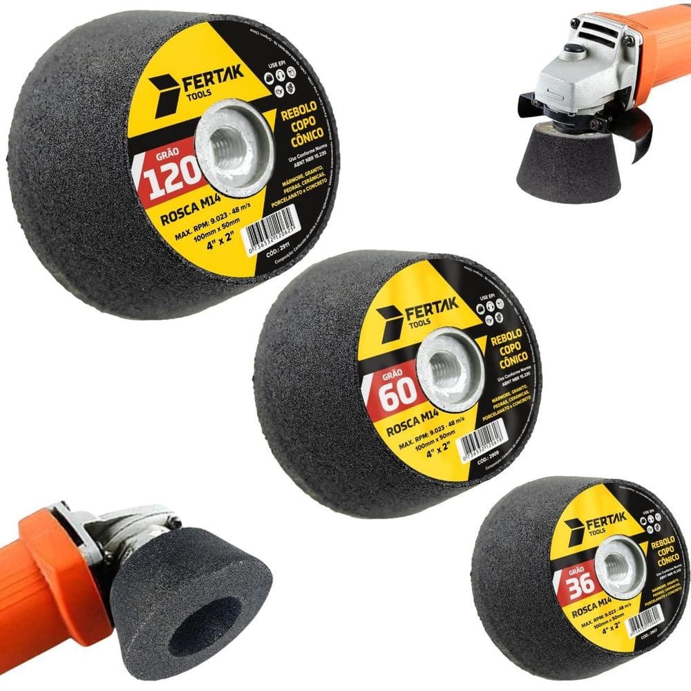 Conjunto 3 Rebolos Copo Cônico Grão 36, 60 E 120 Desbaste