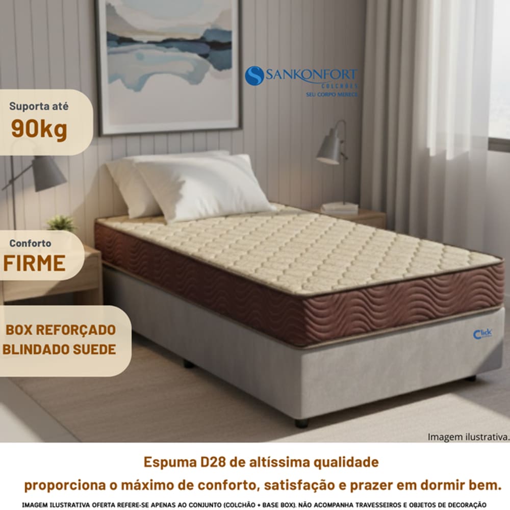 Conjunto Box Solteiro Colchão Sankonfort Toulon Espuma D28 88x188 Antiácaro com Base Box Suede Blindada